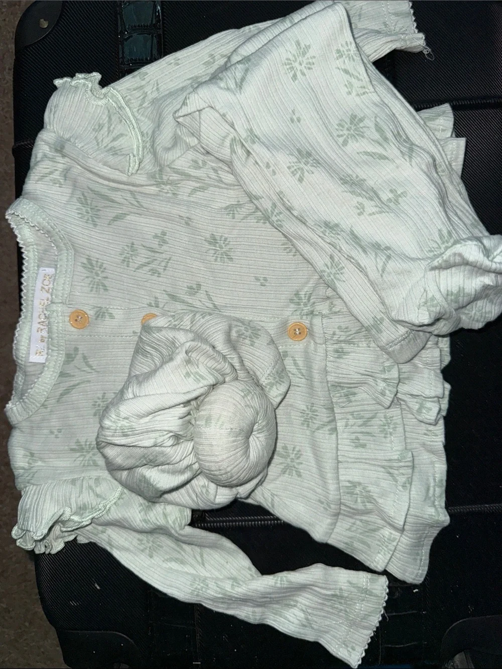 Rachel Zoe Light Green Floral Ribbed Baby Top & bottom with Matching Headband